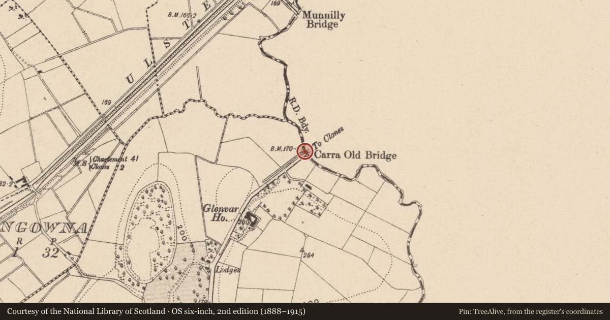 Ordnance Survey six-inch map, 2nd edition (1888–1915) covering the location of Carra Old Bridge, Fermanagh and Omagh, with a pin at the register's coordinates