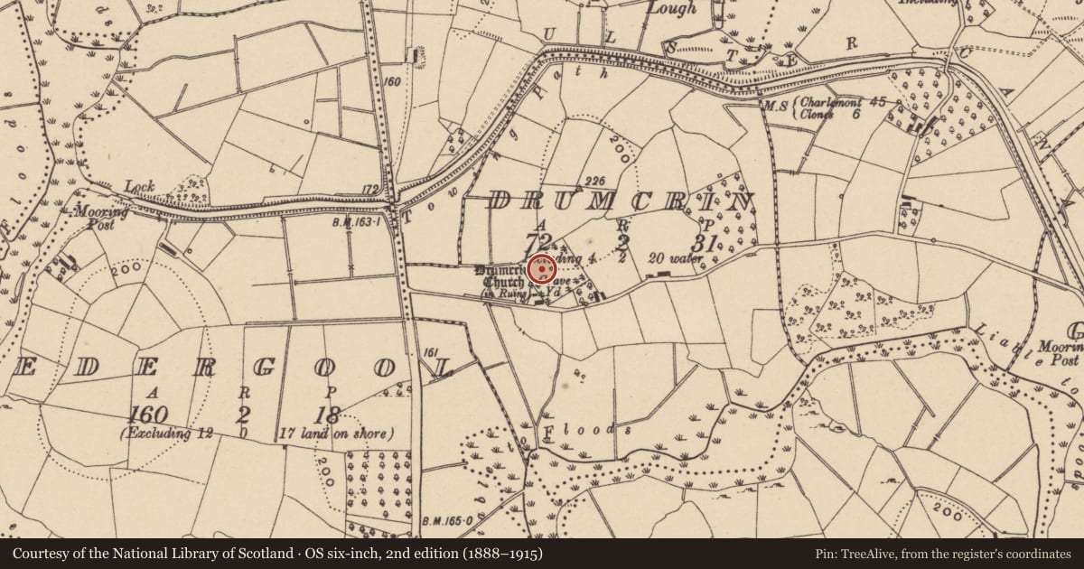Ordnance Survey six-inch map, 2nd edition (1888–1915) covering the location of Drumcrin Church Tower, Fermanagh and Omagh, with a pin at the register's coordinates