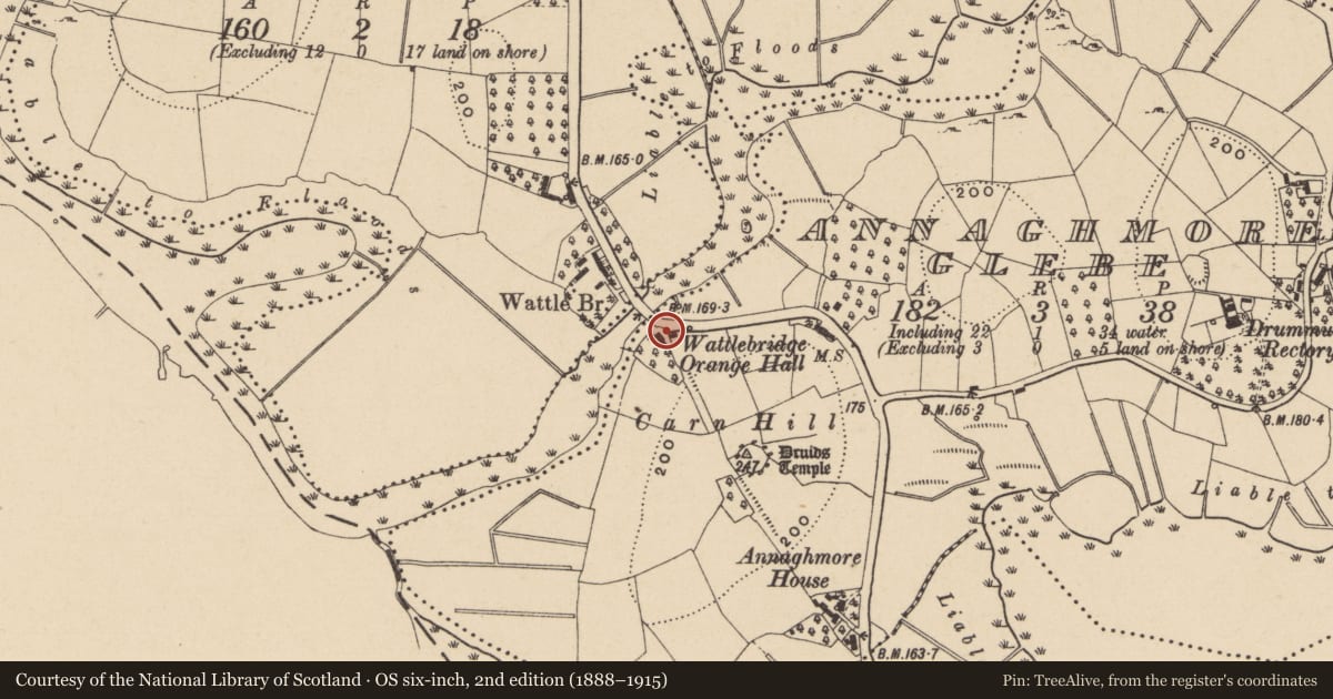 Ordnance Survey six-inch map, 2nd edition (1888–1915) covering the location of Hall, Annaghmore Glebe, Fermanagh and Omagh, with a pin at the register's coordinates