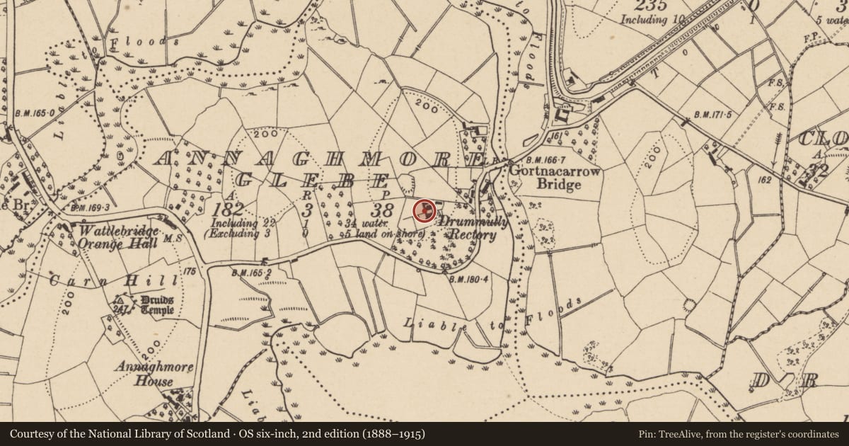 Ordnance Survey six-inch map, 2nd edition (1888–1915) covering the location of The Old Rectory, Annaghmore Glebe, Fermanagh and Omagh, with a pin at the register's coordinates