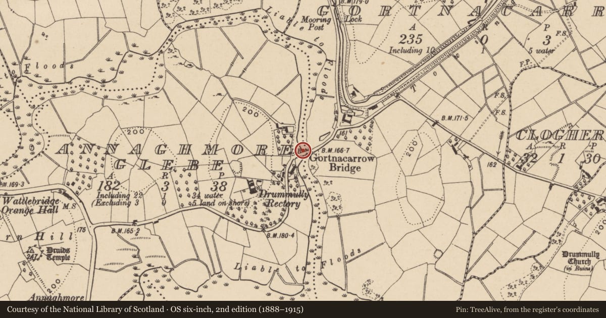 Ordnance Survey six-inch map, 2nd edition (1888–1915) covering the location of Gortnacarrow Bridge, Ananghmore Glebe, Fermanagh and Omagh, with a pin at the register's coordinates