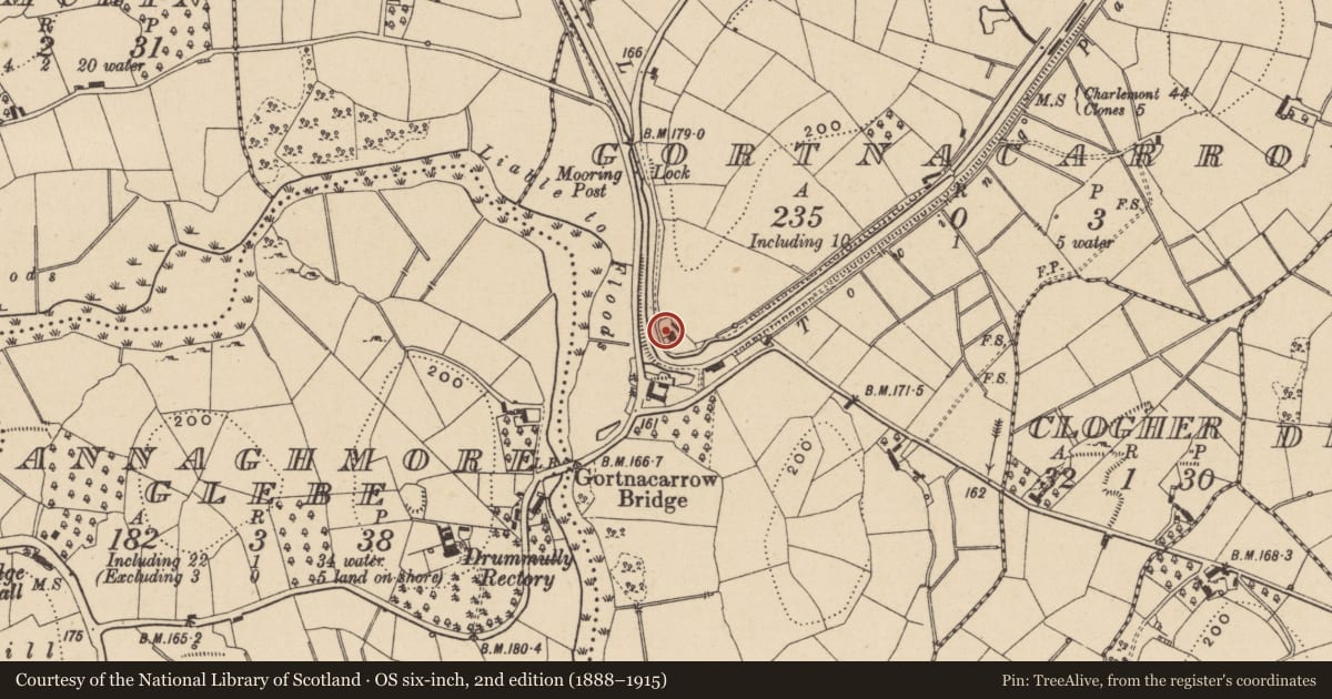 Ordnance Survey six-inch map, 2nd edition (1888–1915) covering the location of Former lock keeper's house, Gortnacarrow, Fermanagh and Omagh, with a pin at the register's coordinates