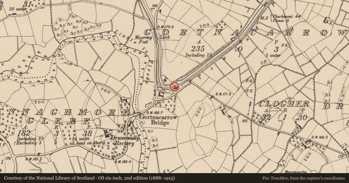 Ordnance Survey six-inch map, 2nd edition (1888–1915) covering the location of Canal Warehouse, Gortnacarrow, Fermanagh and Omagh, with a pin at the register's coordinates