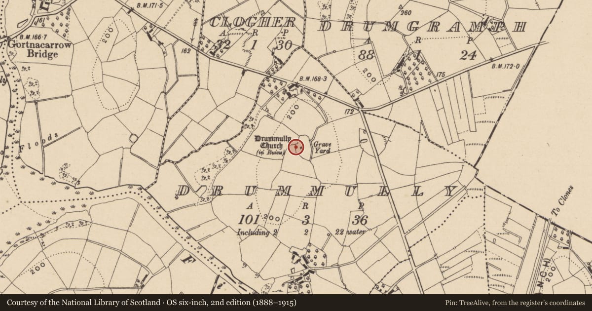 Ordnance Survey six-inch map, 2nd edition (1888–1915) covering the location of Drummully Churchyard, Fermanagh and Omagh, with a pin at the register's coordinates
