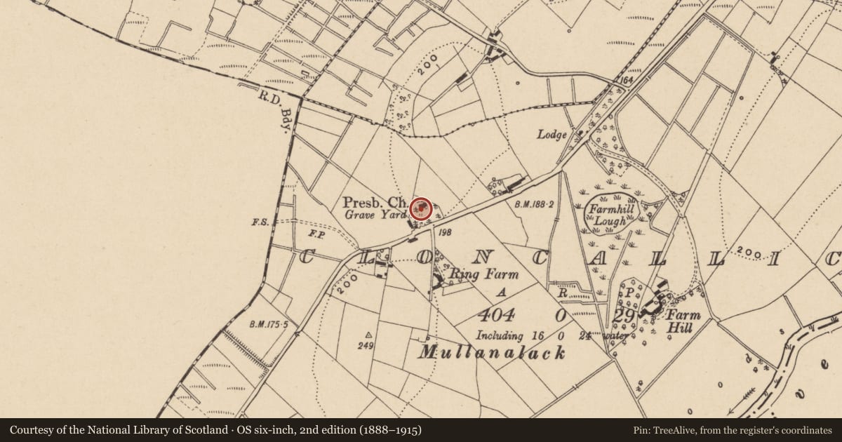 Ordnance Survey six-inch map, 2nd edition (1888–1915) covering the location of Ballyhobridge Presbyterian Church, Cloncallick, Fermanagh and Omagh, with a pin at the register's coordinates