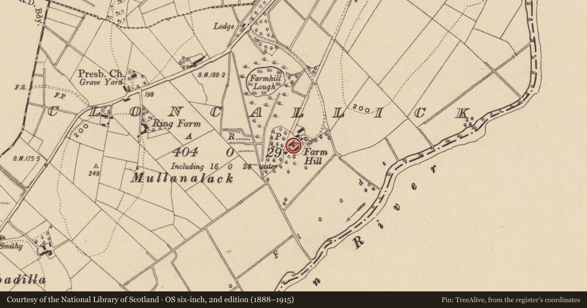 Ordnance Survey six-inch map, 2nd edition (1888–1915) covering the location of Farmhill, Cloncallick, Fermanagh and Omagh, with a pin at the register's coordinates