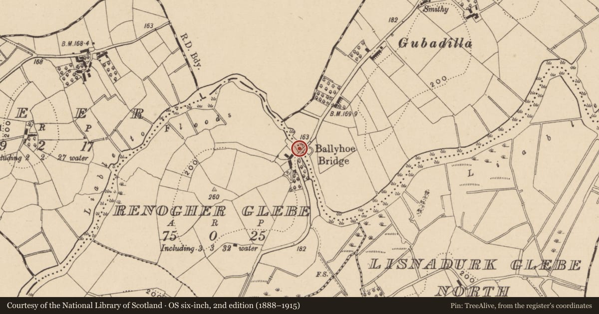 Ordnance Survey six-inch map, 2nd edition (1888–1915) covering the location of Ballyhoe Bridge, Cloncallick/Renogher Glebe, Fermanagh and Omagh, with a pin at the register's coordinates