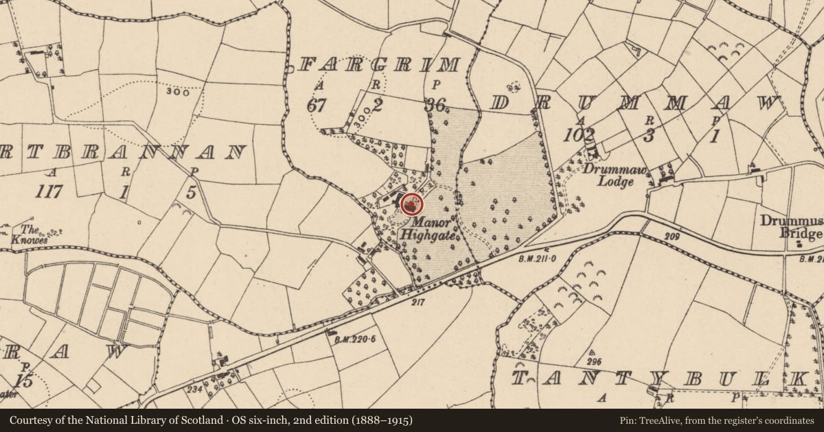 Ordnance Survey six-inch map, 2nd edition (1888–1915) covering the location of Manor Highgate, Fargrim, Fermanagh and Omagh, with a pin at the register's coordinates