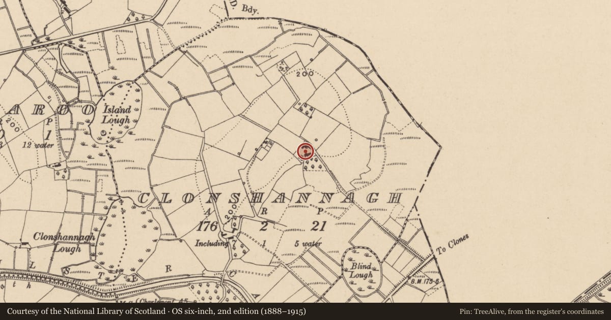 Ordnance Survey six-inch map, 2nd edition (1888–1915) covering the location of Thatched cottage, Clonshannagh, Fermanagh and Omagh, with a pin at the register's coordinates