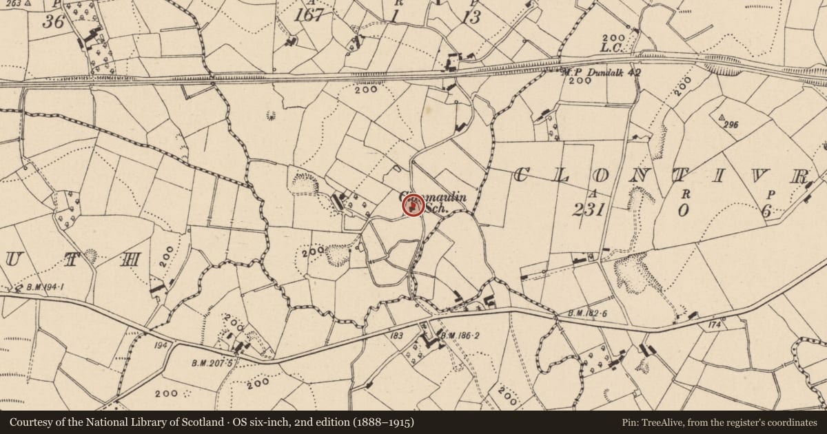 Ordnance Survey six-inch map, 2nd edition (1888–1915) covering the location of Clonmaulin Primary School, Fermanagh and Omagh, with a pin at the register's coordinates
