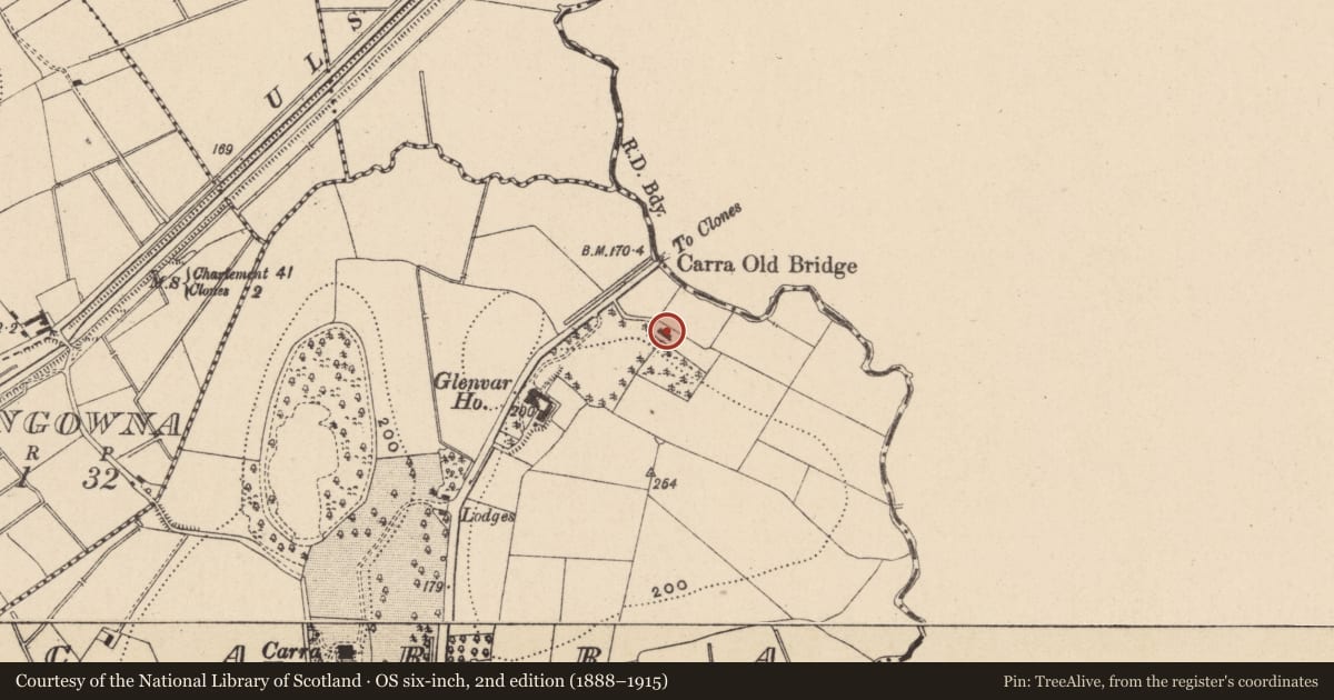 Ordnance Survey six-inch map, 2nd edition (1888–1915) covering the location of Pair of Cottages, Carra, Fermanagh and Omagh, with a pin at the register's coordinates