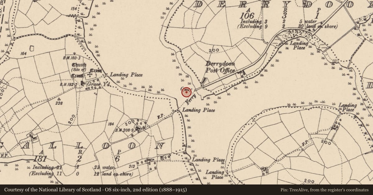 Ordnance Survey six-inch map, 2nd edition (1888–1915) covering the location of Galloon Bridge, with a pin at the register's coordinates