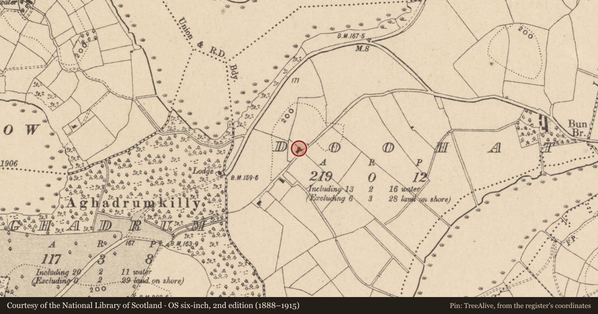 Ordnance Survey six-inch map, 2nd edition (1888–1915) covering the location of Vernacular House, Doohat, Fermanagh and Omagh, with a pin at the register's coordinates