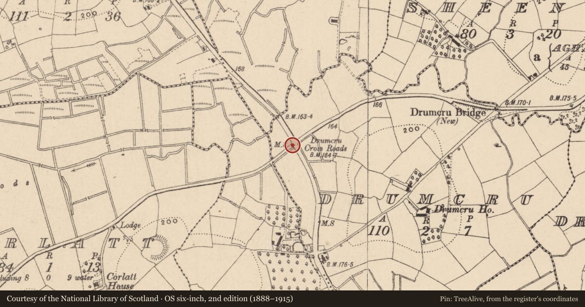 Ordnance Survey six-inch map, 2nd edition (1888–1915) covering the location of Mile stone, Drumcru, Fermanagh and Omagh, with a pin at the register's coordinates