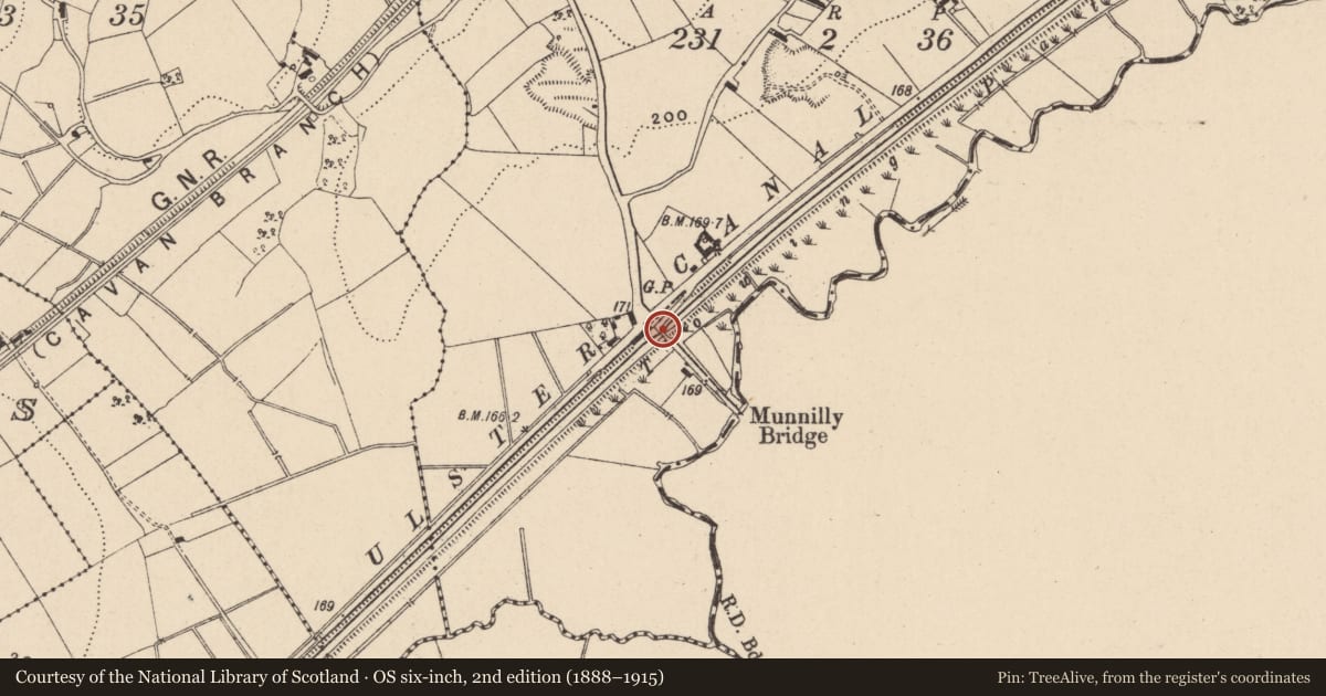 Ordnance Survey six-inch map, 2nd edition (1888–1915) covering the location of Canal bridge, Clonfad, Fermanagh and Omagh, with a pin at the register's coordinates