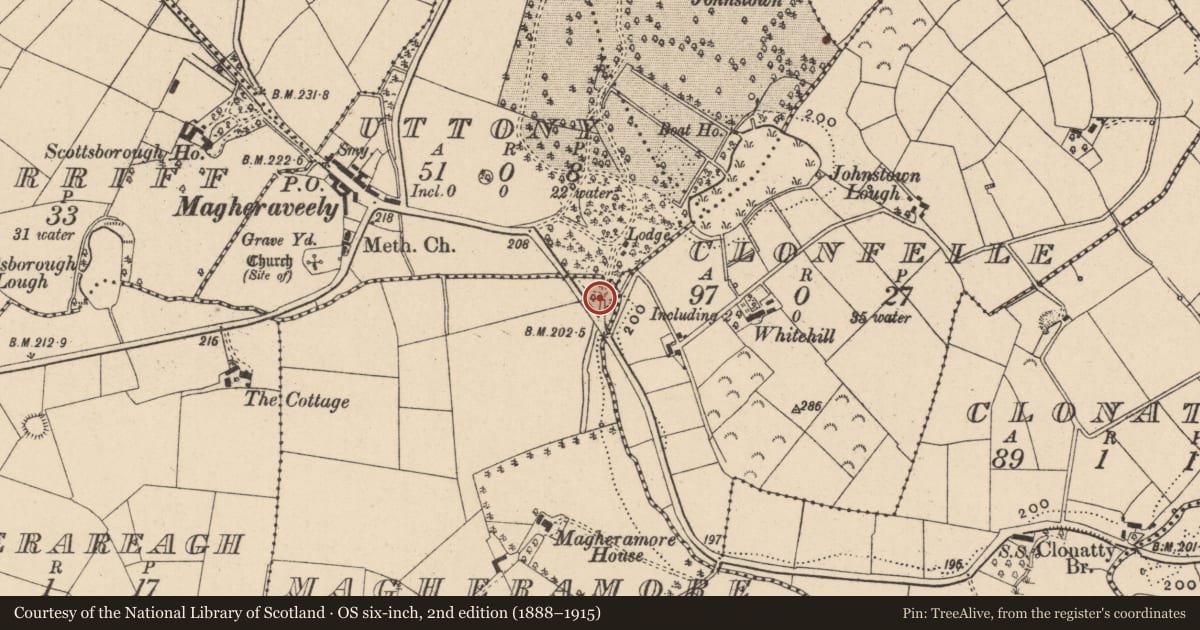 Ordnance Survey six-inch map, 2nd edition (1888–1915) covering the location of Gate Screen at Johnstown House, Magheramore, Fermanagh and Omagh, with a pin at the register's coordinates