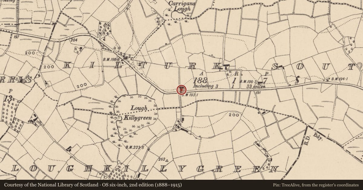 Ordnance Survey six-inch map, 2nd edition (1888–1915) covering the location of Telephone Kiosk, Kilturk South, with a pin at the register's coordinates