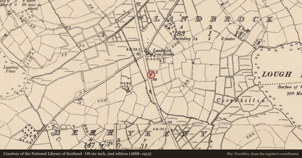 Ordnance Survey six-inch map, 2nd edition (1888–1915) covering the location of Milestone 15 Mile, Landbrock, Fermanagh, with a pin at the register's coordinates