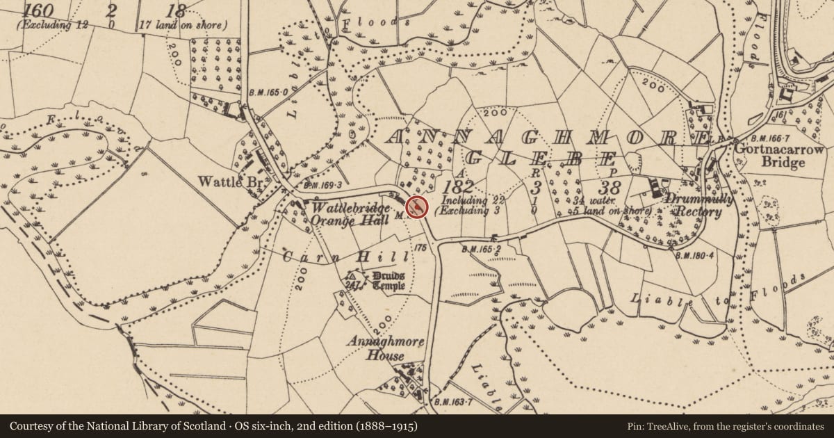 Ordnance Survey six-inch map, 2nd edition (1888–1915) covering the location of Milestone 17 Mile, Annaghmore Glebe, with a pin at the register's coordinates