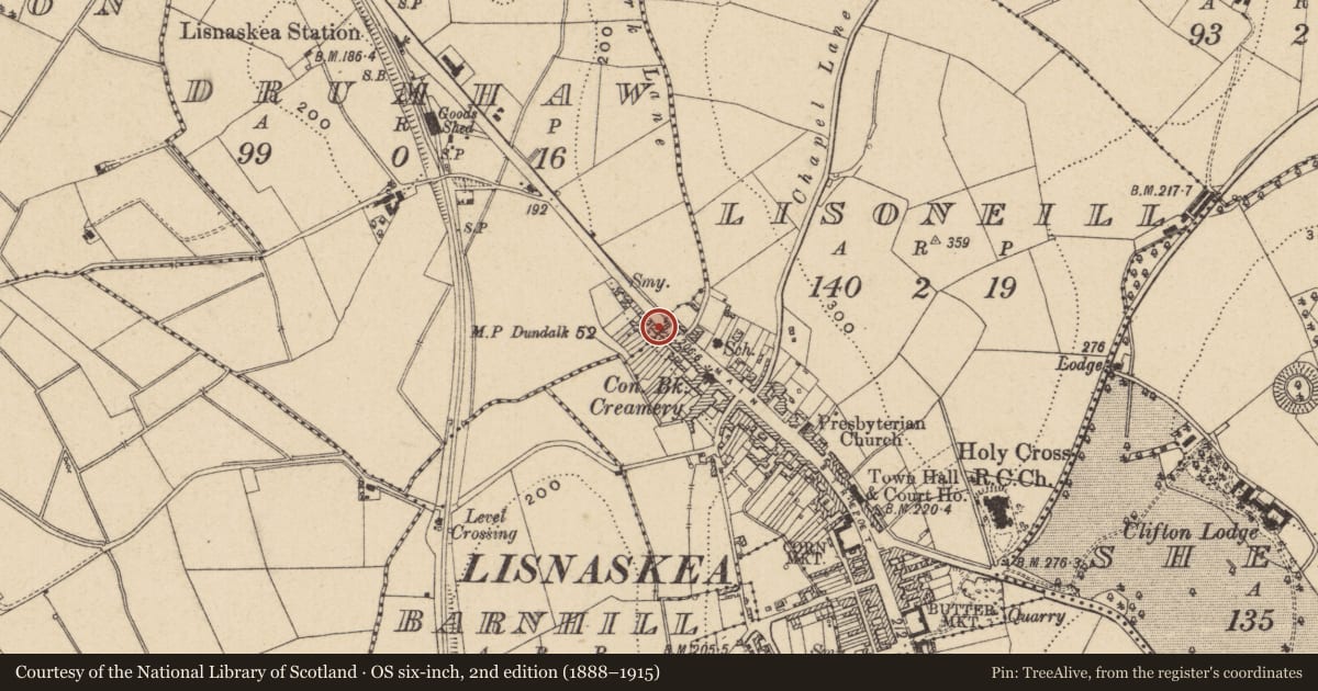 Ordnance Survey six-inch map, 2nd edition (1888–1915) covering the location of 41-43 Main St., Fermanagh and Omagh, with a pin at the register's coordinates