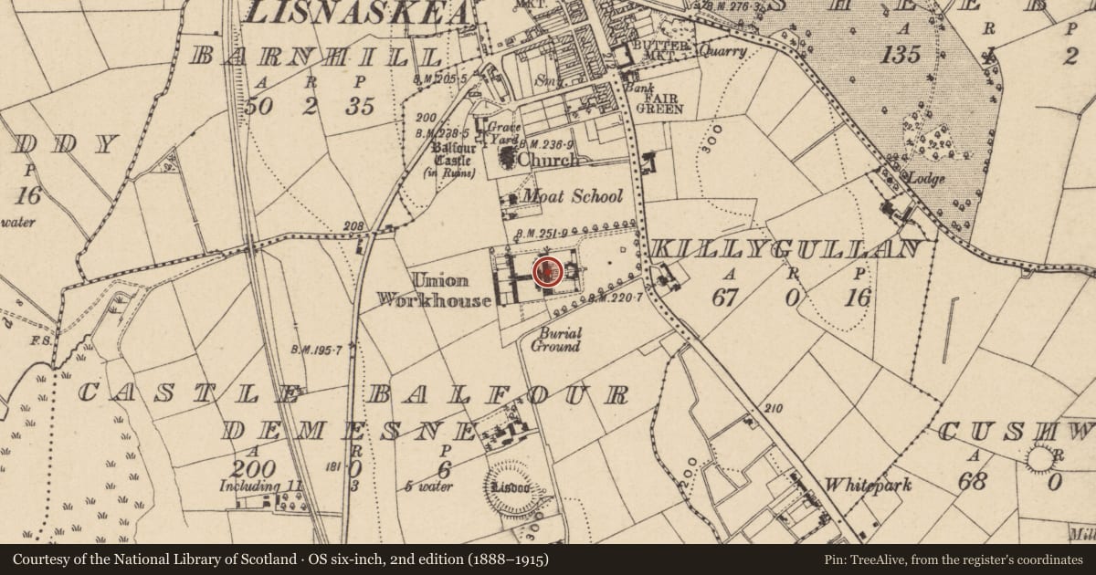Ordnance Survey six-inch map, 2nd edition (1888–1915) covering the location of Central And North Block, Fermanagh and Omagh, with a pin at the register's coordinates