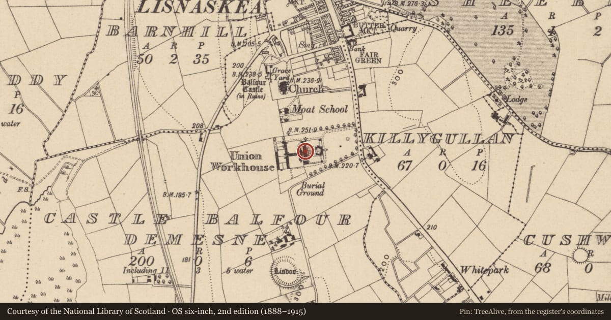 Ordnance Survey six-inch map, 2nd edition (1888–1915) covering the location of South Block, Fermanagh and Omagh, with a pin at the register's coordinates