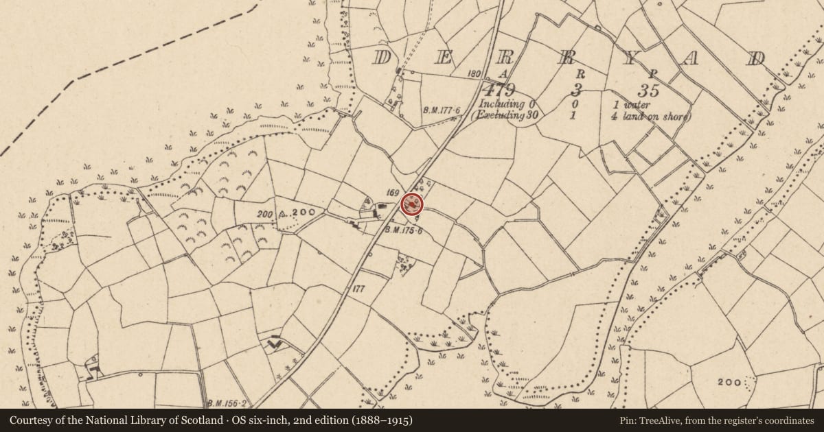 Ordnance Survey six-inch map, 2nd edition (1888–1915) covering the location of 36 Derryad Road, Fermanagh and Omagh, with a pin at the register's coordinates