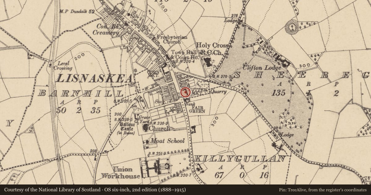 Ordnance Survey six-inch map, 2nd edition (1888–1915) covering the location of Butter Market, Fermanagh and Omagh, with a pin at the register's coordinates