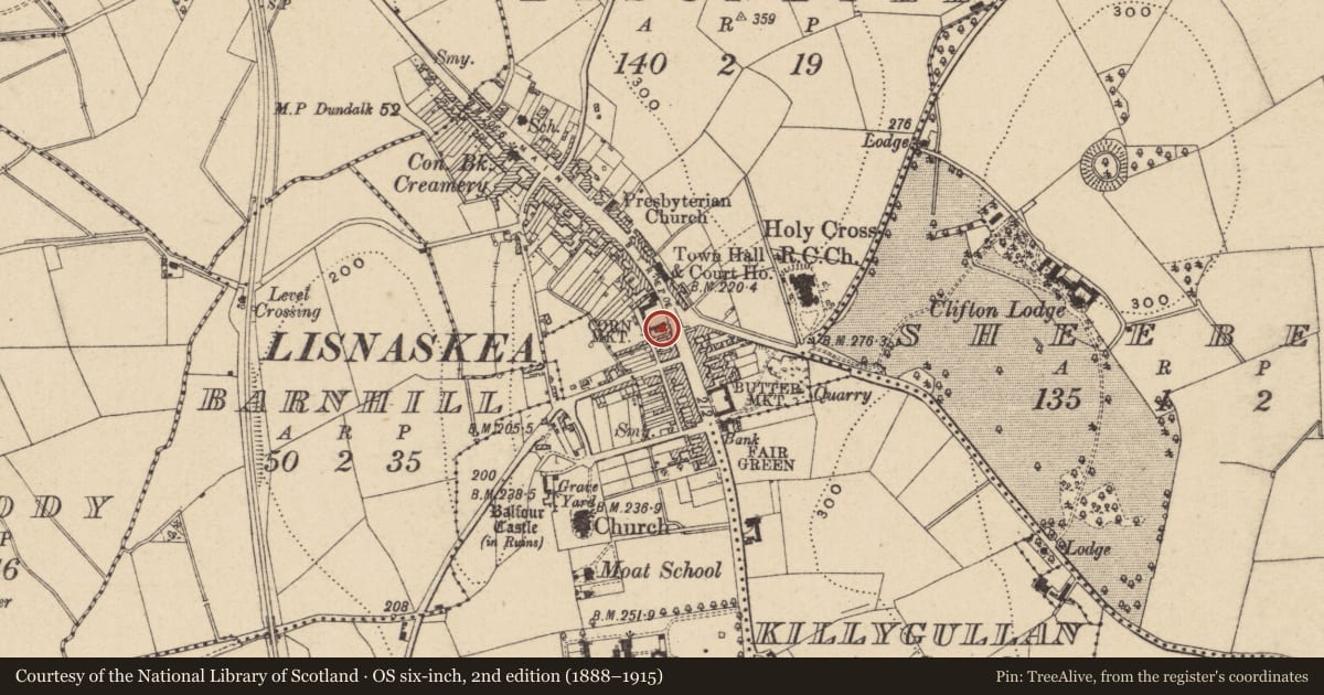 Ordnance Survey six-inch map, 2nd edition (1888–1915) covering the location of Archdale Hall, Fermanagh and Omagh, with a pin at the register's coordinates