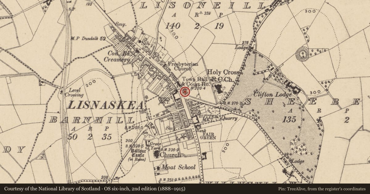 Ordnance Survey six-inch map, 2nd edition (1888–1915) covering the location of Former Bank Of Ireland, Fermanagh and Omagh, with a pin at the register's coordinates