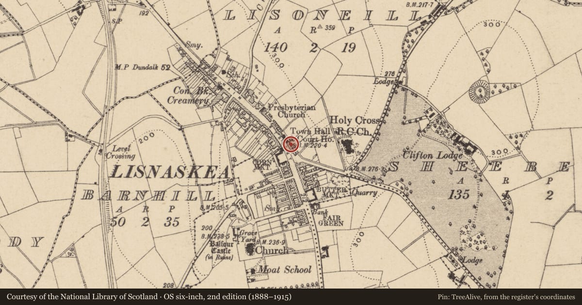 Ordnance Survey six-inch map, 2nd edition (1888–1915) covering the location of 140 Main St., Fermanagh and Omagh, with a pin at the register's coordinates