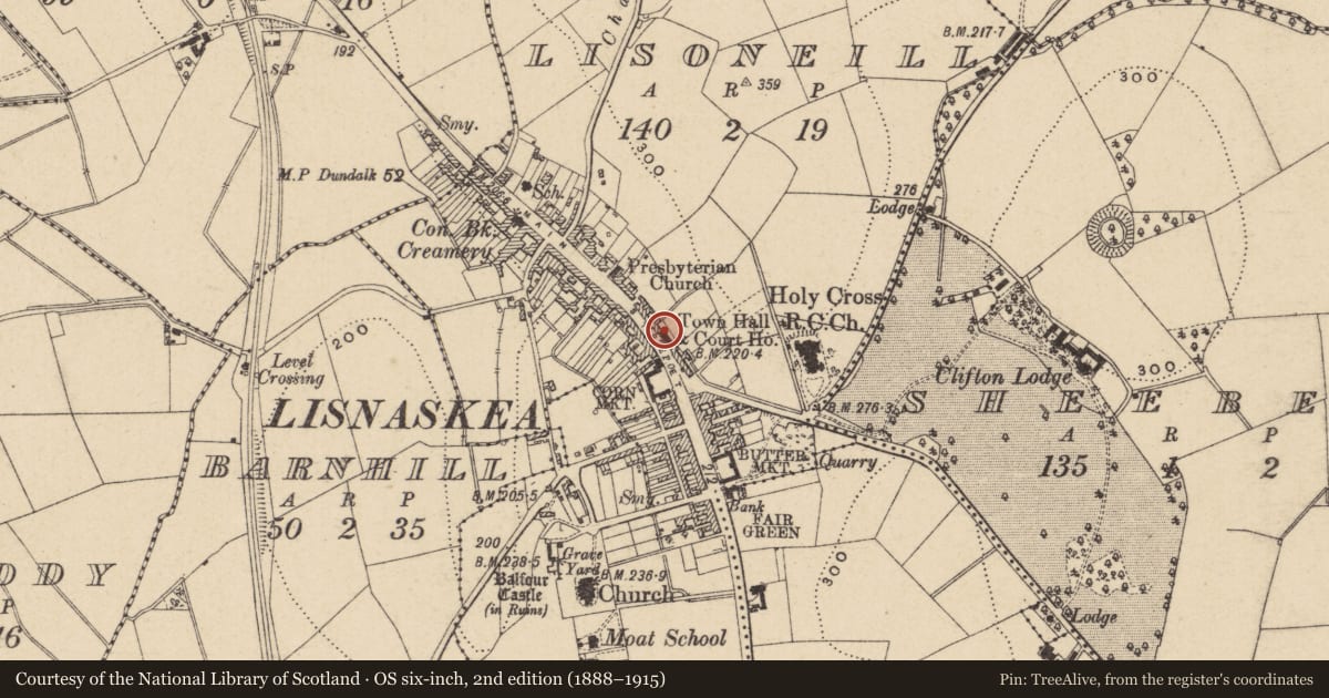 Ordnance Survey six-inch map, 2nd edition (1888–1915) covering the location of 132 Main St., Fermanagh and Omagh, with a pin at the register's coordinates