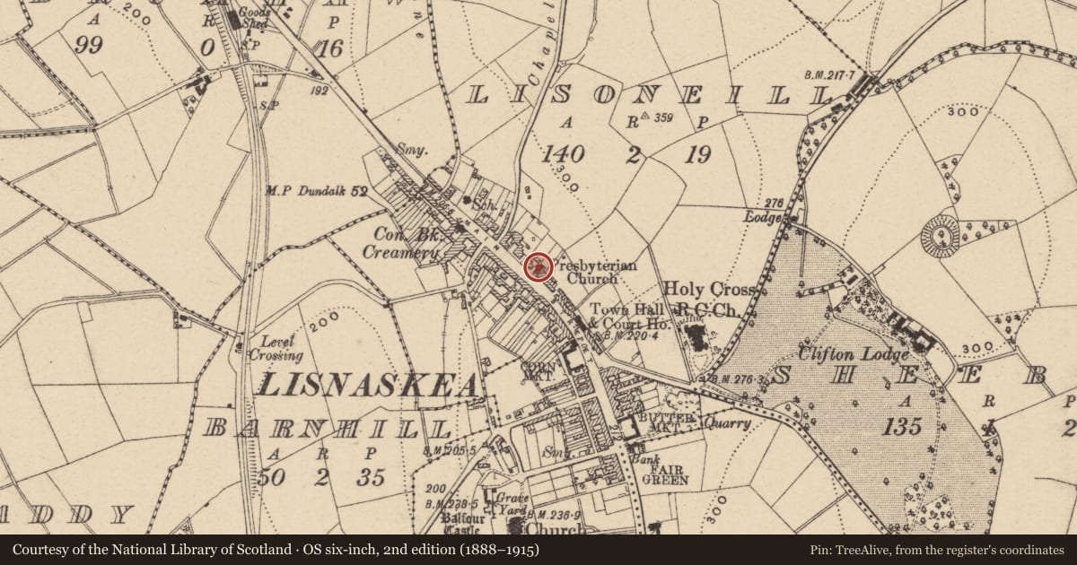 Ordnance Survey six-inch map, 2nd edition (1888–1915) covering the location of Presbyterian Church, Fermanagh and Omagh, with a pin at the register's coordinates