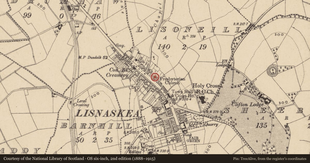 Ordnance Survey six-inch map, 2nd edition (1888–1915) covering the location of John Birney'S, Fermanagh and Omagh, with a pin at the register's coordinates