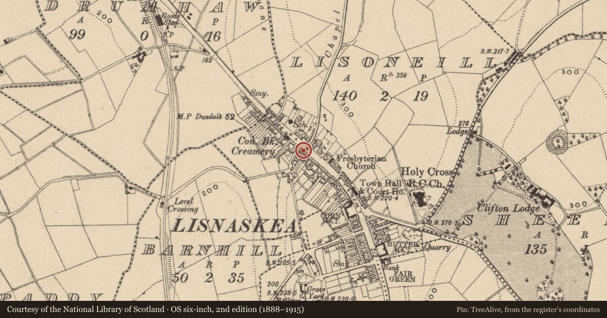 Ordnance Survey six-inch map, 2nd edition (1888–1915) covering the location of 83 Main St., Fermanagh and Omagh, with a pin at the register's coordinates