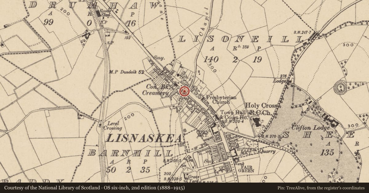 Ordnance Survey six-inch map, 2nd edition (1888–1915) covering the location of 81 Main St., Fermanagh and Omagh, with a pin at the register's coordinates