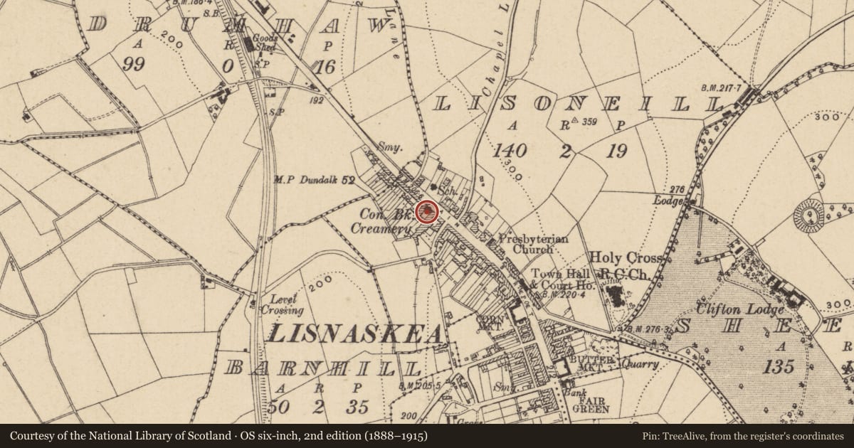 Ordnance Survey six-inch map, 2nd edition (1888–1915) covering the location of 69 Main St., Fermanagh and Omagh, with a pin at the register's coordinates