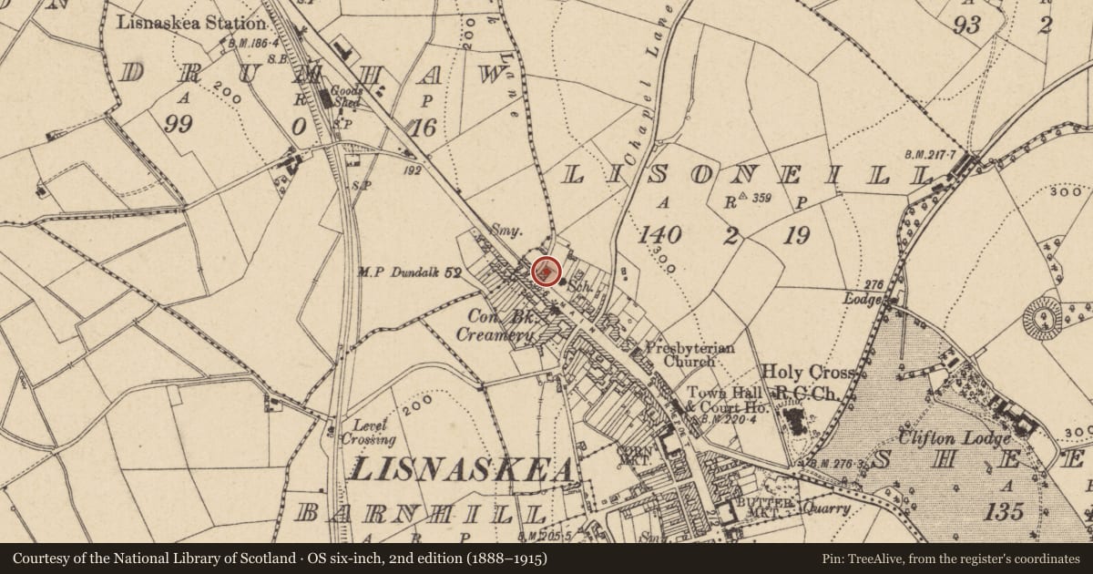 Ordnance Survey six-inch map, 2nd edition (1888–1915) covering the location of Beech House, Fermanagh and Omagh, with a pin at the register's coordinates