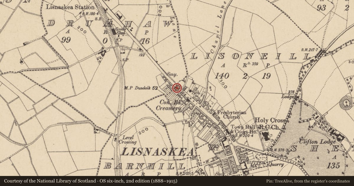 Ordnance Survey six-inch map, 2nd edition (1888–1915) covering the location of 47 Main St., Fermanagh and Omagh, with a pin at the register's coordinates