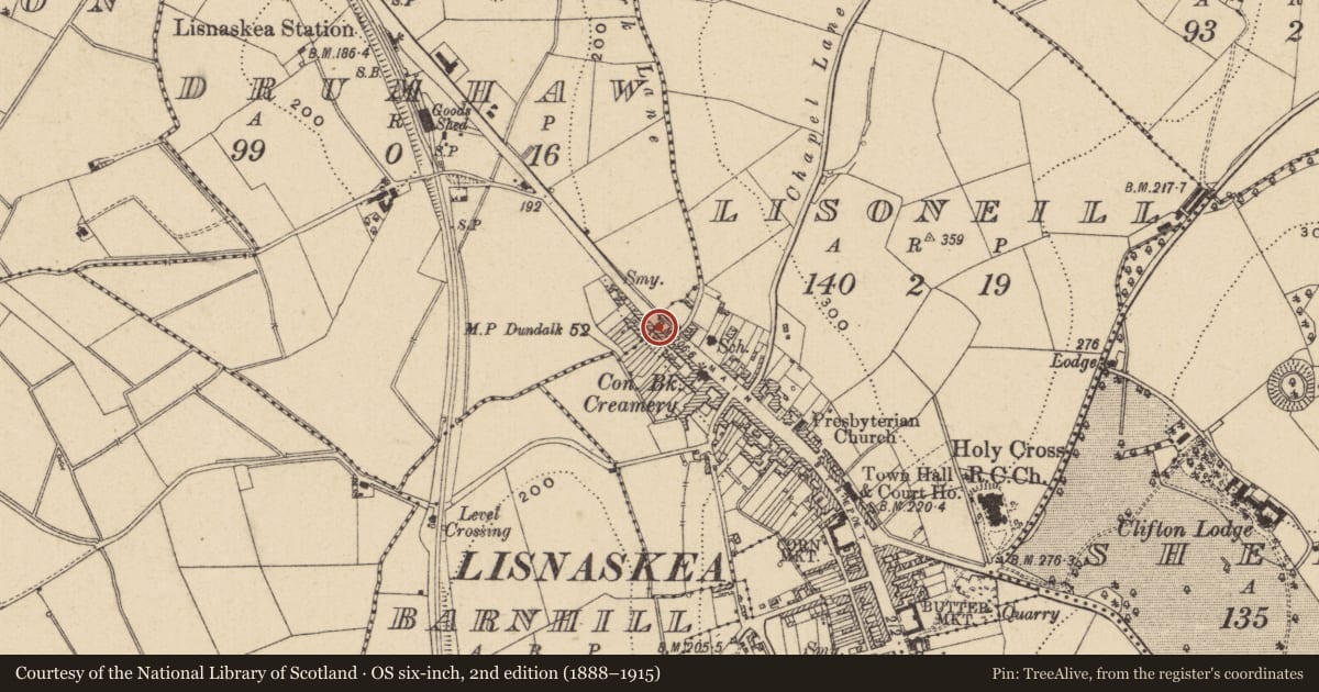 Ordnance Survey six-inch map, 2nd edition (1888–1915) covering the location of 45 Main St., Fermanagh and Omagh, with a pin at the register's coordinates