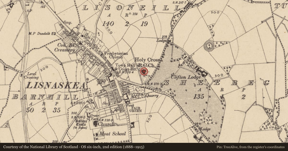 Ordnance Survey six-inch map, 2nd edition (1888–1915) covering the location of Holy Cross Church (RC), Fermanagh and Omagh, with a pin at the register's coordinates