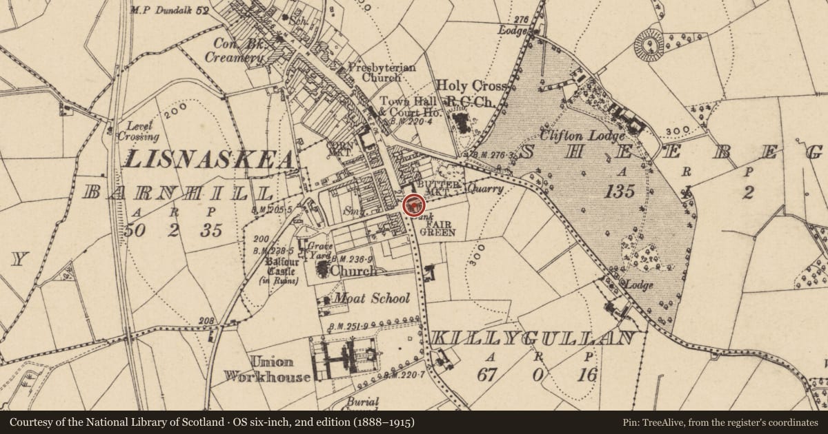 Ordnance Survey six-inch map, 2nd edition (1888–1915) covering the location of Ulster Bank, Fermanagh and Omagh, with a pin at the register's coordinates