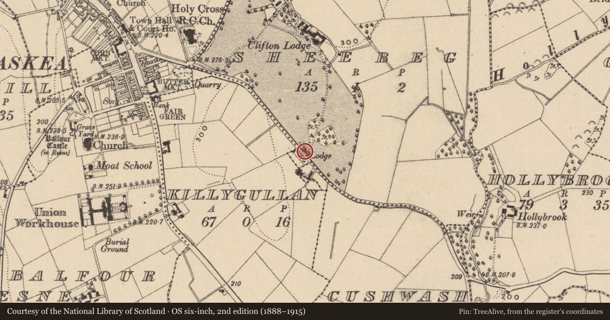 Ordnance Survey six-inch map, 2nd edition (1888–1915) covering the location of GATES, Fermanagh and Omagh, with a pin at the register's coordinates