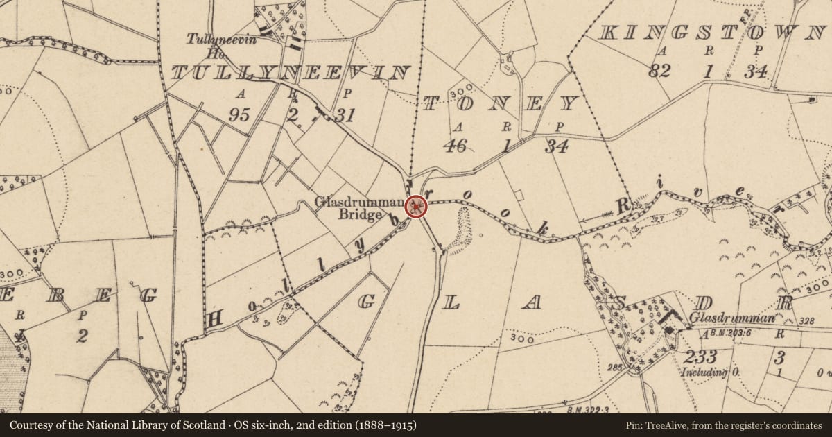 Ordnance Survey six-inch map, 2nd edition (1888–1915) covering the location of Glasdrumman Bridge, Fermanagh and Omagh, with a pin at the register's coordinates