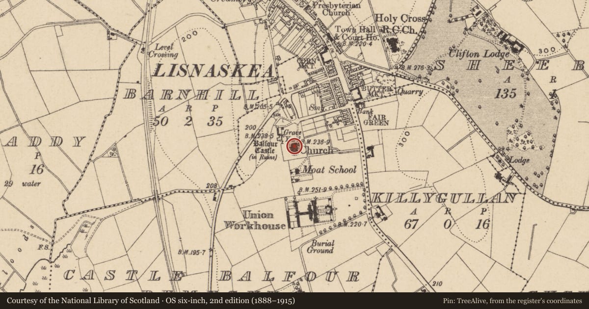 Ordnance Survey six-inch map, 2nd edition (1888–1915) covering the location of Holy Trinity Church, Fermanagh and Omagh, with a pin at the register's coordinates