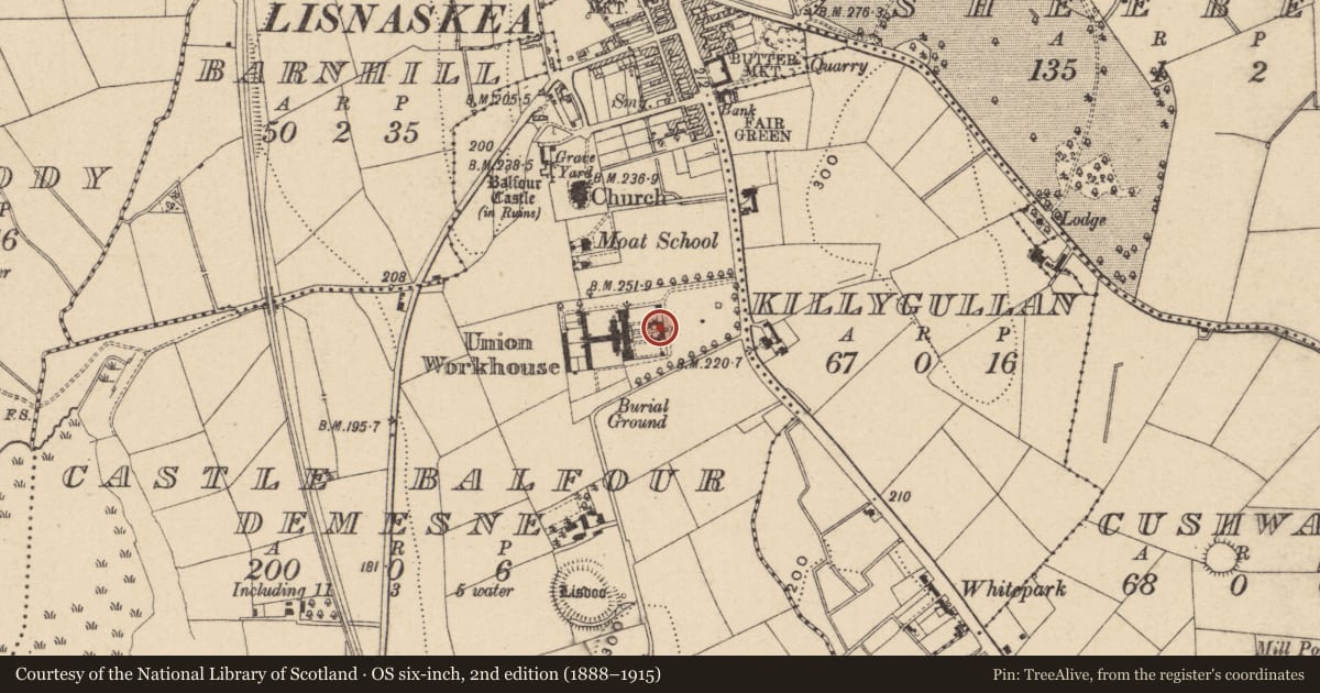 Ordnance Survey six-inch map, 2nd edition (1888–1915) covering the location of Former District Council Offices, Fermanagh and Omagh, with a pin at the register's coordinates