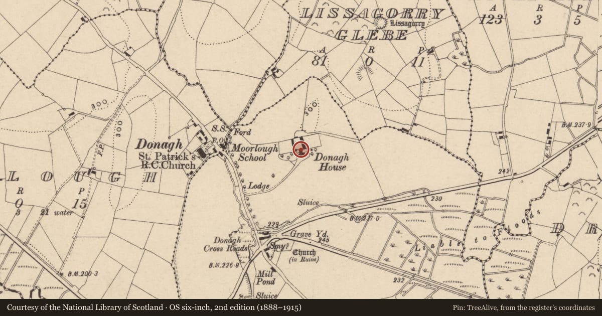Ordnance Survey six-inch map, 2nd edition (1888–1915) covering the location of Donagh House, Fermanagh and Omagh, with a pin at the register's coordinates