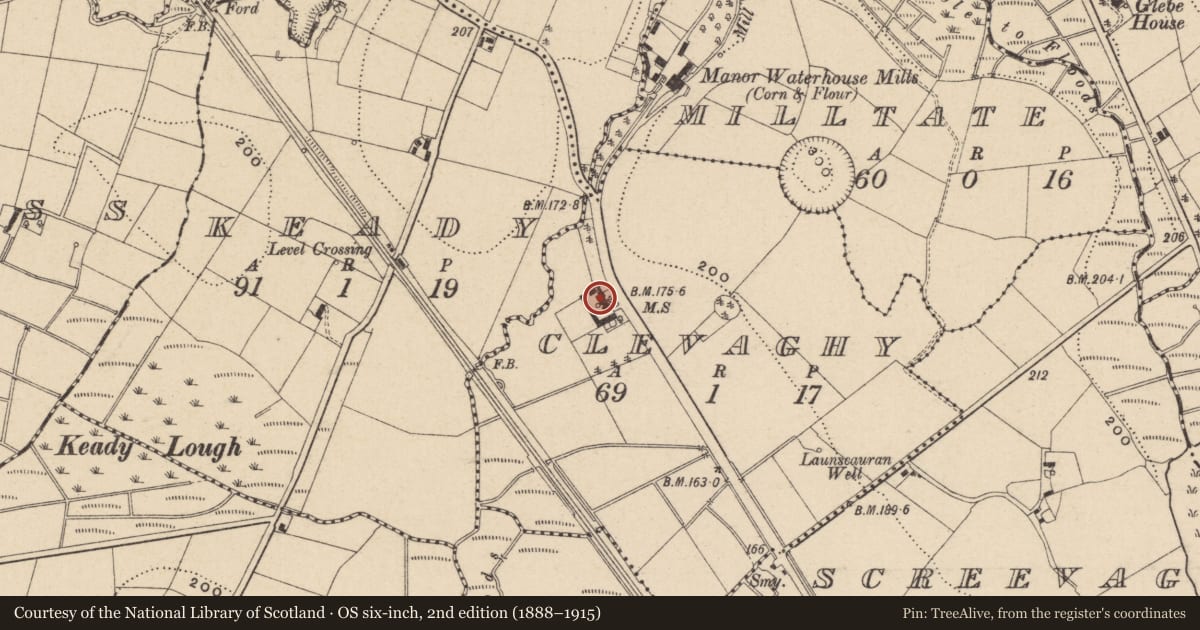 Ordnance Survey six-inch map, 2nd edition (1888–1915) covering the location of Manor Waterhouse, Fermanagh and Omagh, with a pin at the register's coordinates