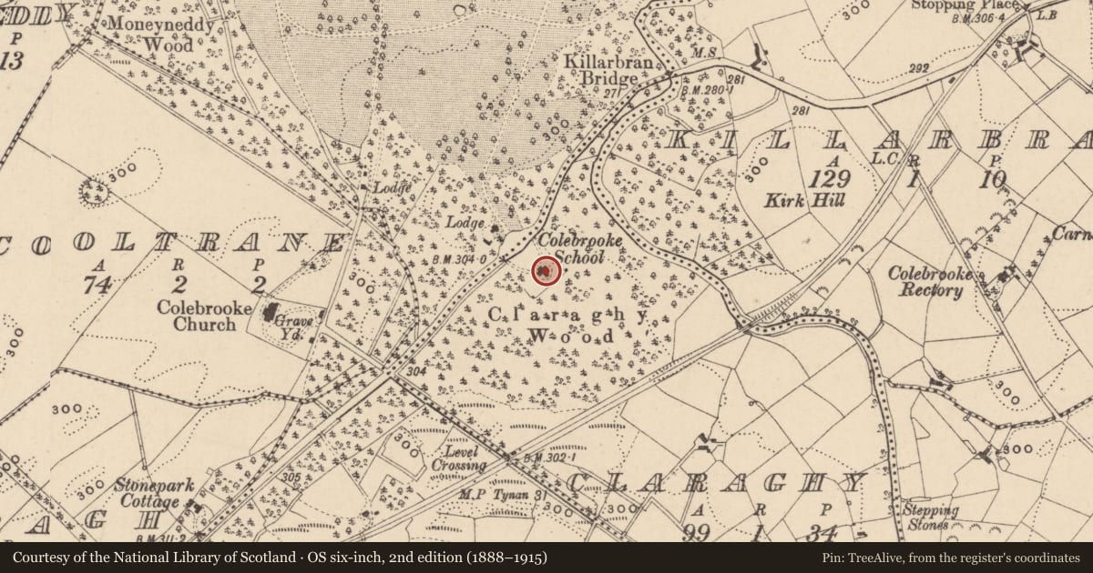 Ordnance Survey six-inch map, 2nd edition (1888–1915) covering the location of Colebrook Old Primary School, Fermanagh and Omagh, with a pin at the register's coordinates