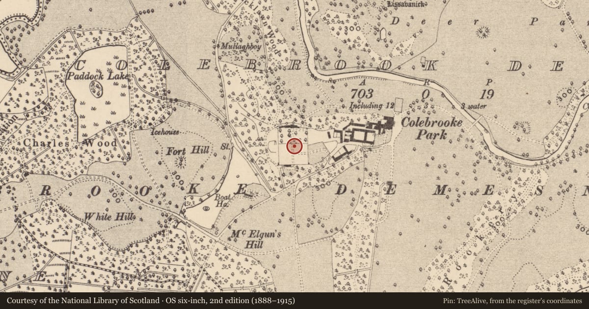 Ordnance Survey six-inch map, 2nd edition (1888–1915) covering the location of Colebrook Kitchen Garden, Fermanagh and Omagh, with a pin at the register's coordinates